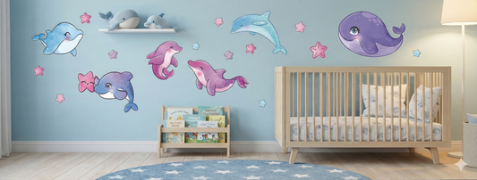 Naklejki na ścianę dla dzieci - Pastelowe Delfiny i Fioletowy Wieloryb 10015